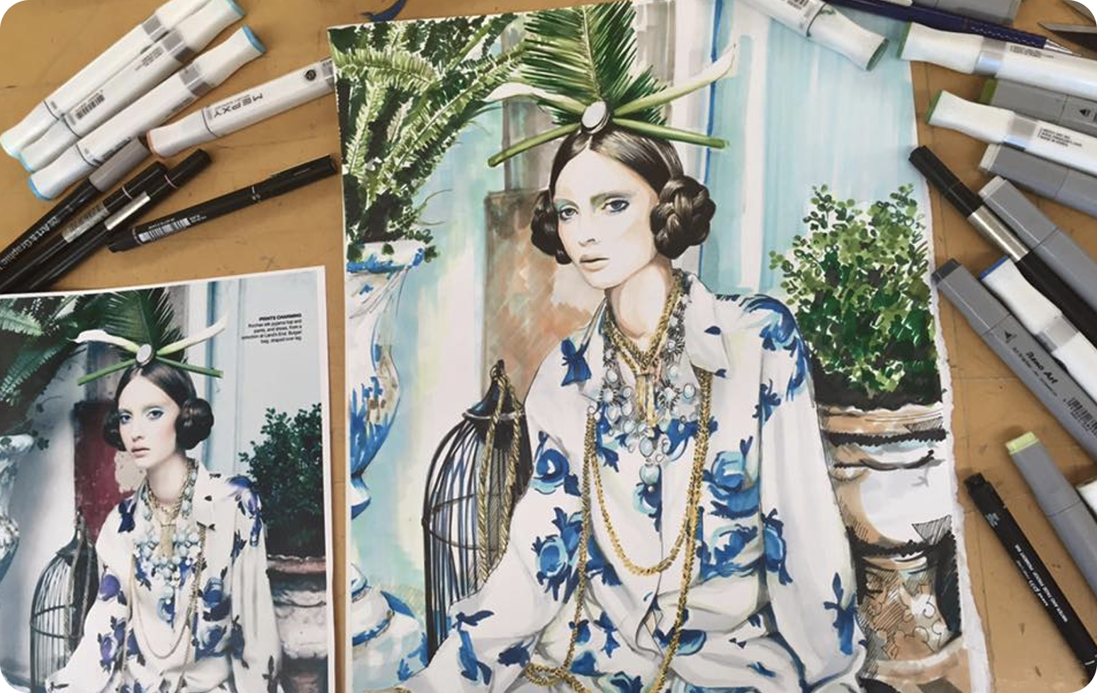 Illustration and fashion artwork studio scene