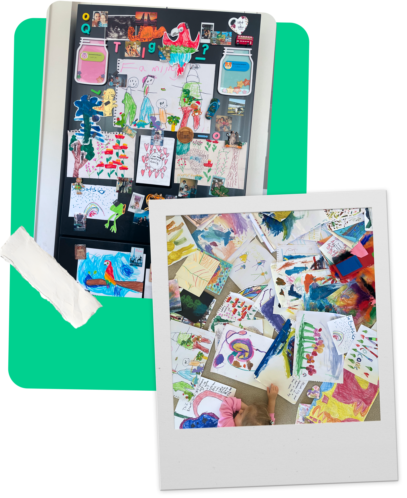 A collage of children's artwork, arranged as a keepsake